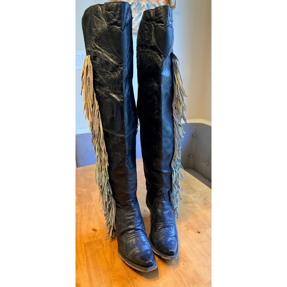 Junk Gypsy by Lane Spirit Animal Black Leather Fringe Over The Knee Boots 9 B